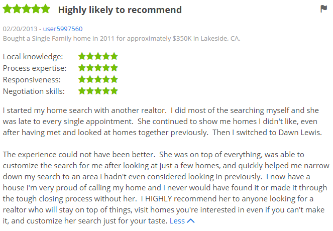 Lakeside Top Zillow Agent - Lakeside 5 Star Agent Zillow Review in San Diego - Dawn Lewis with The Lewis Team