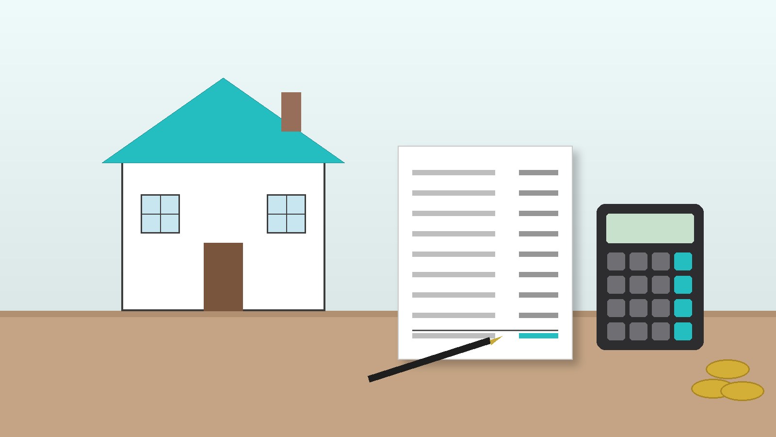 Illustration of a house beside a seller net sheet, a calculator and a pen on a desk