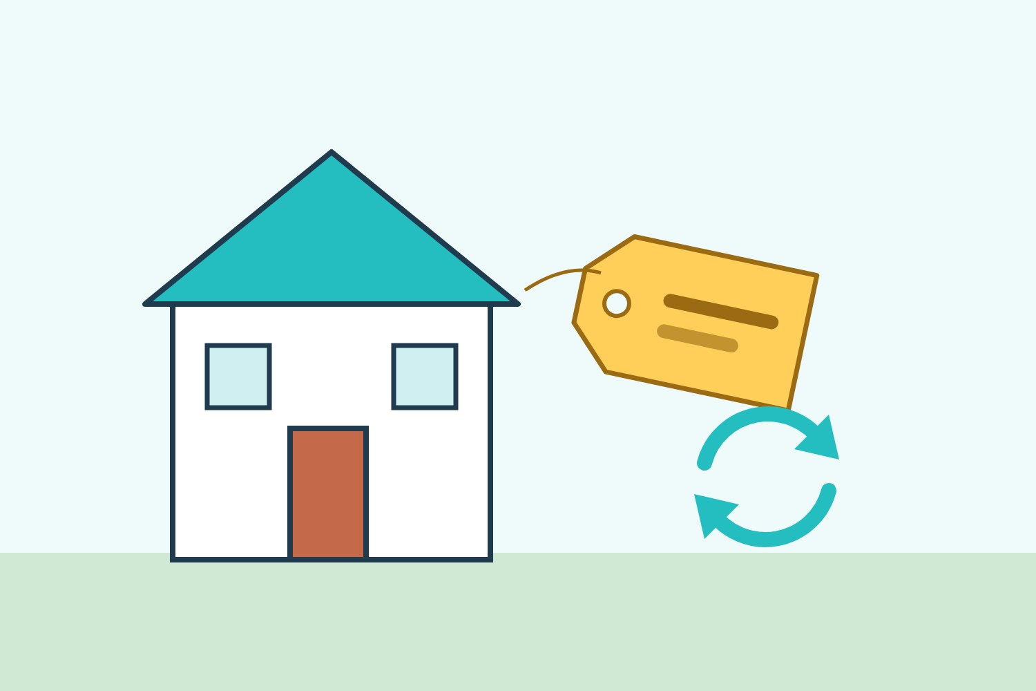 Illustration of a house with a price tag and circular arrows, representing a home relaunched with a new price and plan