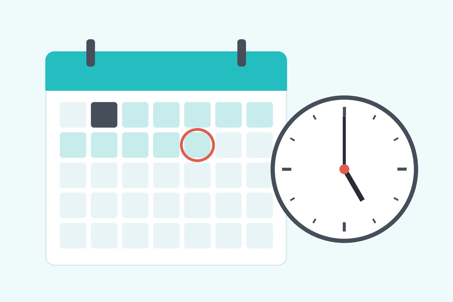 Illustration of a calendar with the option period days shaded and the last day circled, next to a clock showing 5:00