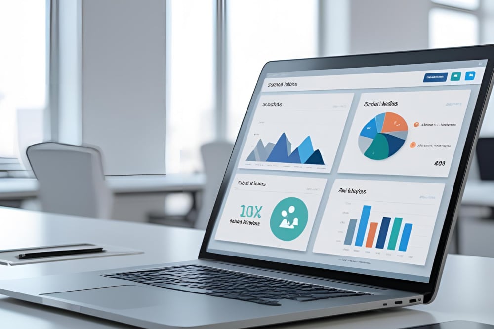 Laptop displaying a marketing analytics dashboard with charts on a bright office desk.