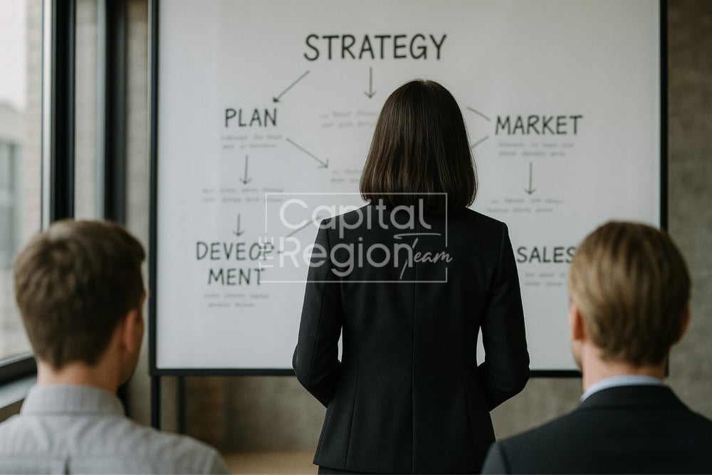 A presenter explains a strategy diagram to two seated colleagues.
