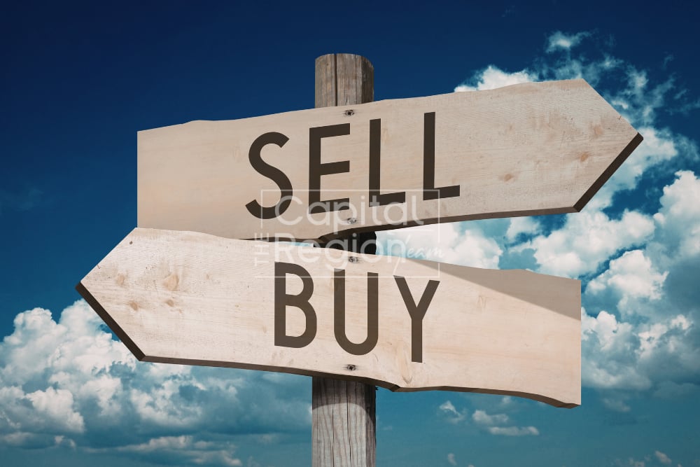 Wooden signpost with arrows reading SELL and BUY against a cloudy blue sky.