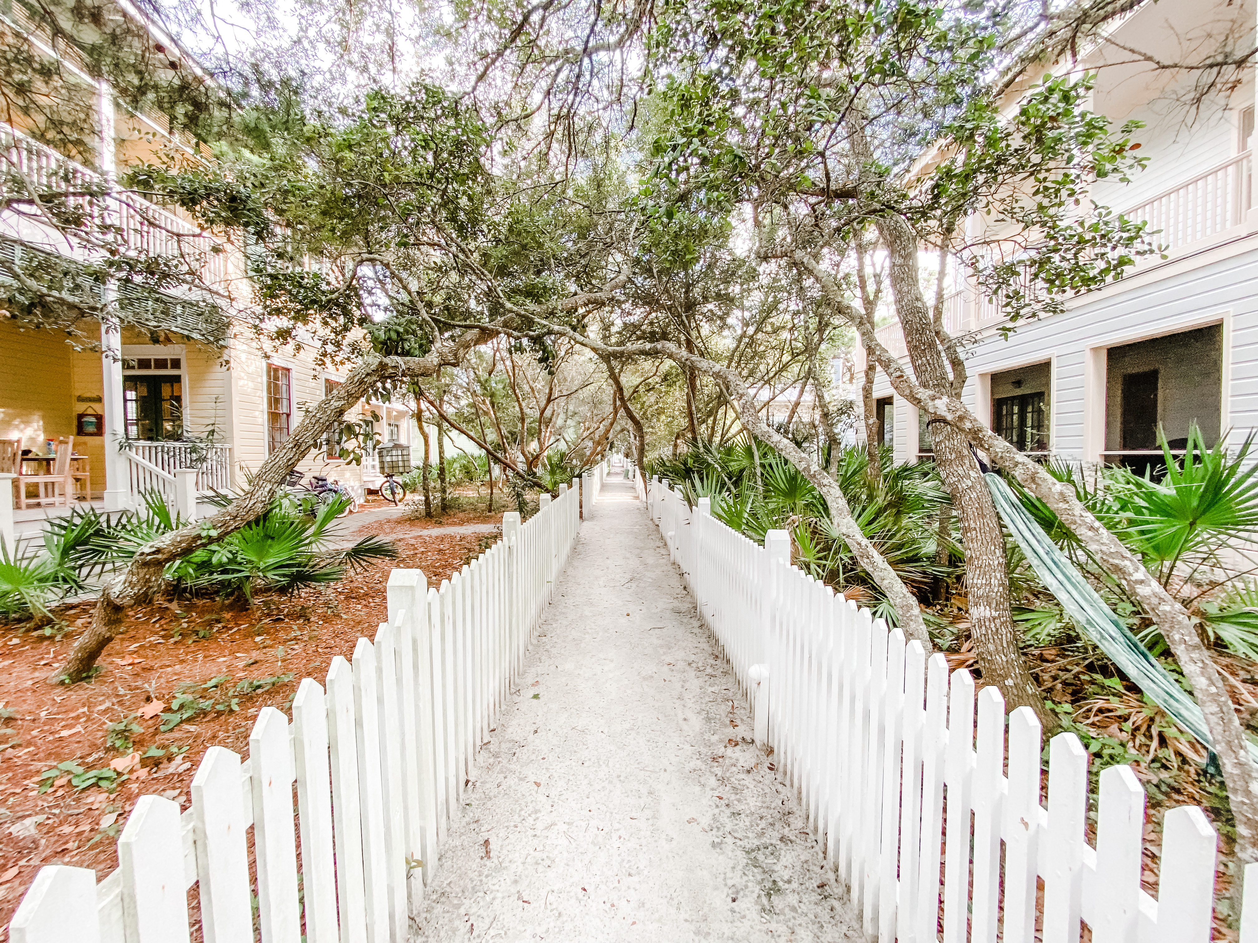 Fence lined gravel beach house walkway