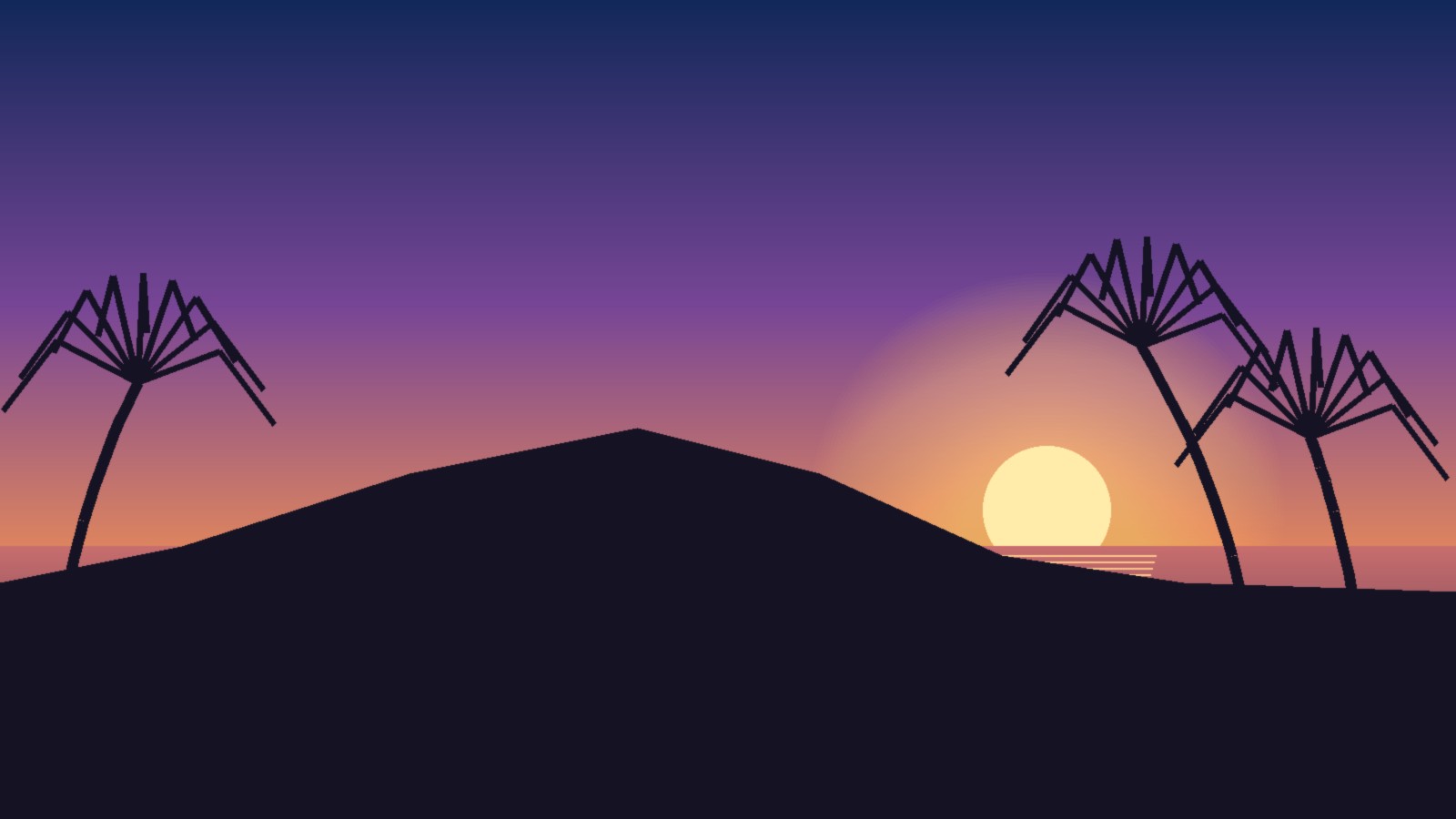 Hawaii sunset with palm trees, mountain and house silhouette
