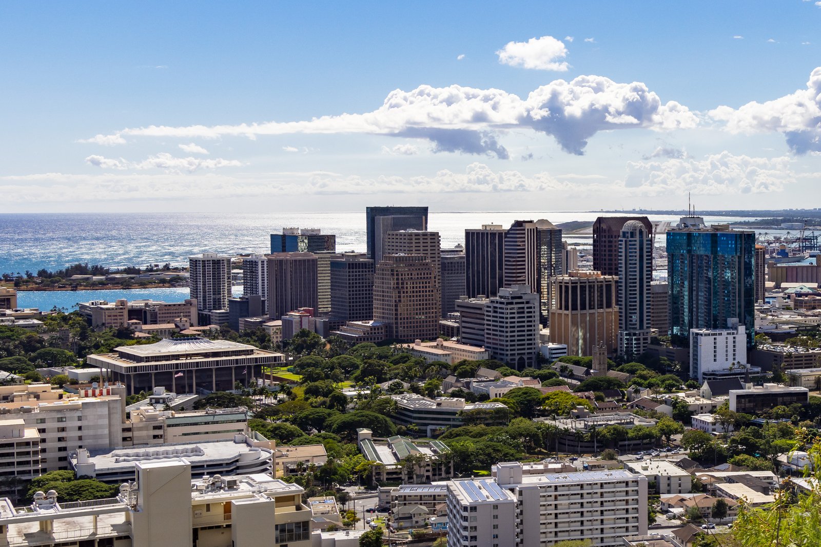 Downtown Honolulu condo and office towers seen from Punchbowl with the ocean behind