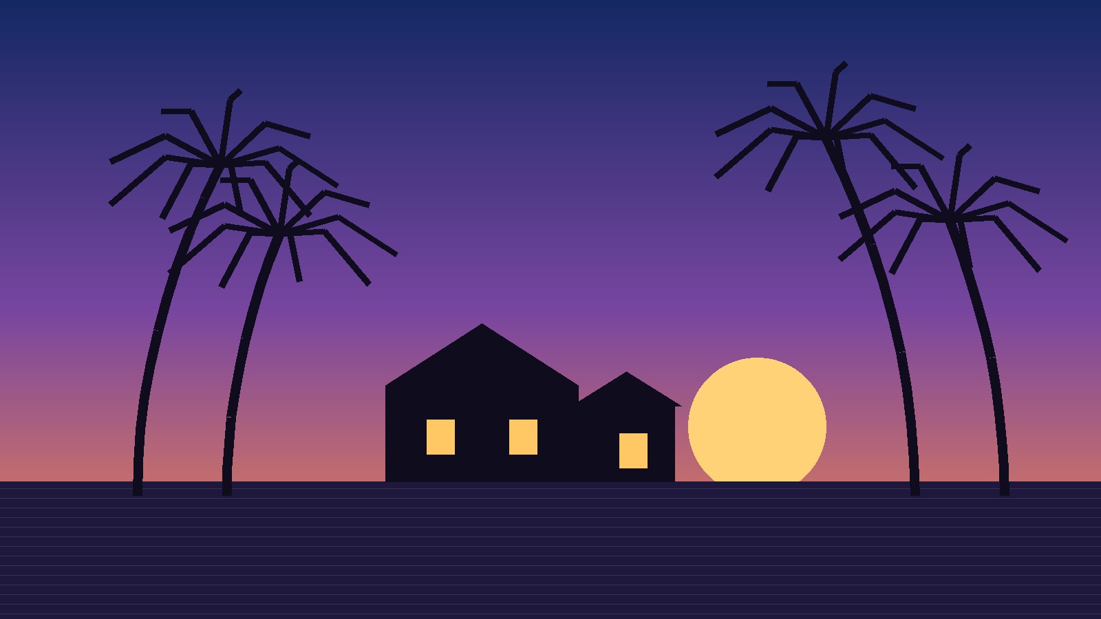 Hawaii sunset with palm trees and a house silhouette