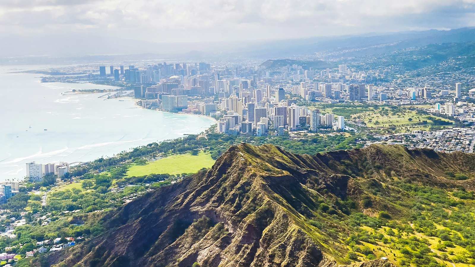 Aerial view of Diamond Head and the Honolulu coastline