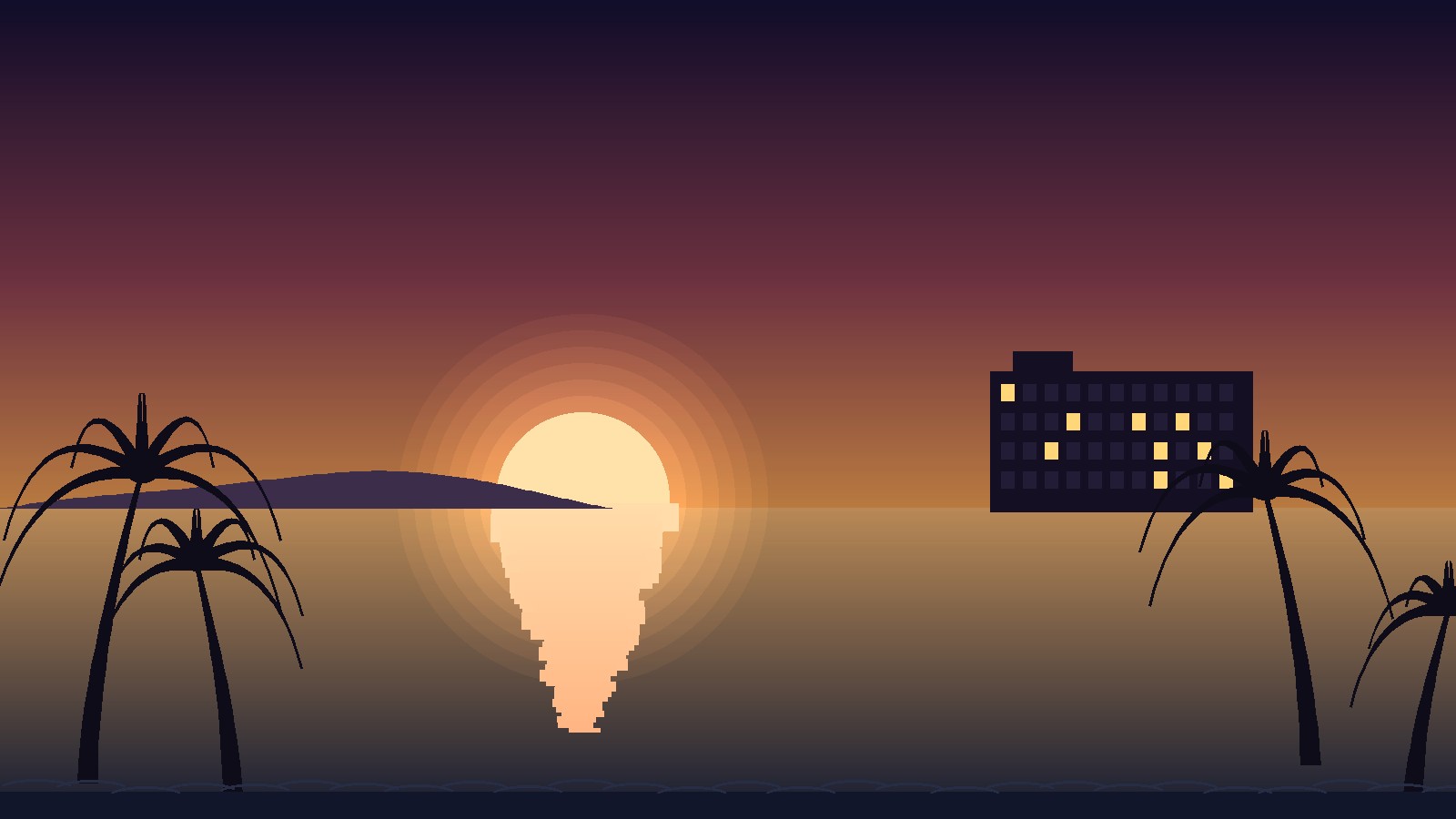 Stylized sunset illustration of a Maui oceanfront condo building with palm trees, representing Maui vacation rental policy