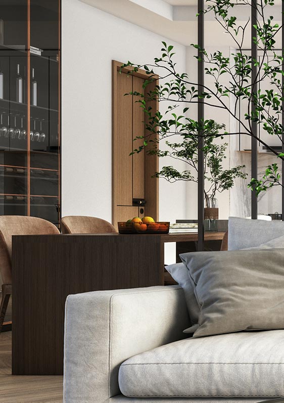 high end living room with brown leather couch in denver co