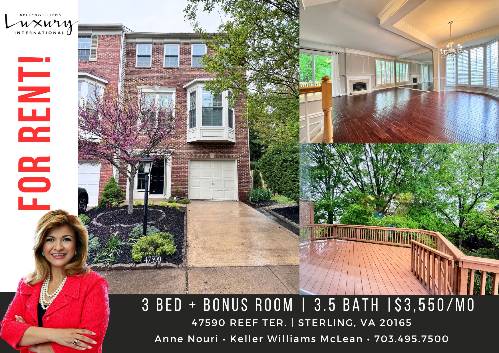 For Rent 3 Bedroom Luxury Townhouse Cascades 47590 Reef Ter, Sterling