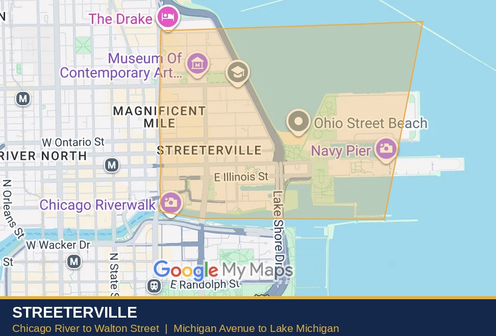 Map of Streeterville, bounded by Walton Street on the north, the Chicago River on the south, Lake Michigan on the east, and Michigan Avenue on the west
