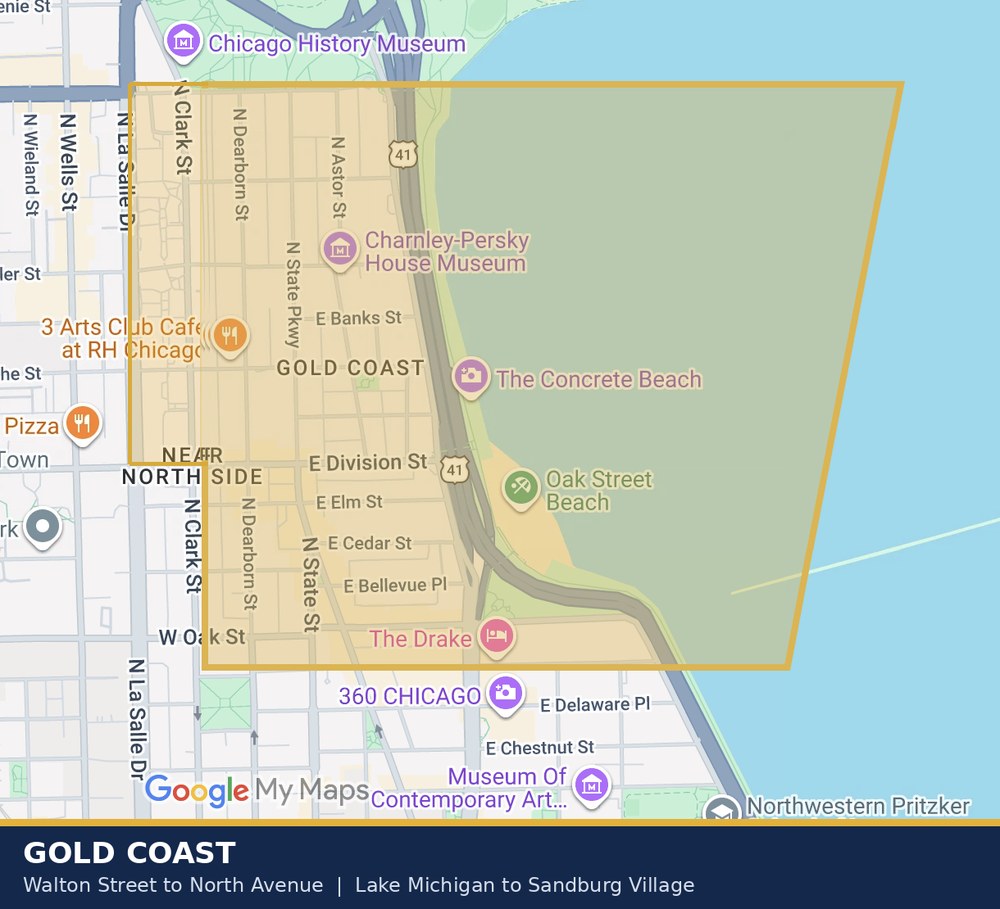 Map of the Gold Coast, bounded by Walton Street on the south, North Avenue on the north, Lake Michigan on the east, and including Sandburg Village on the west