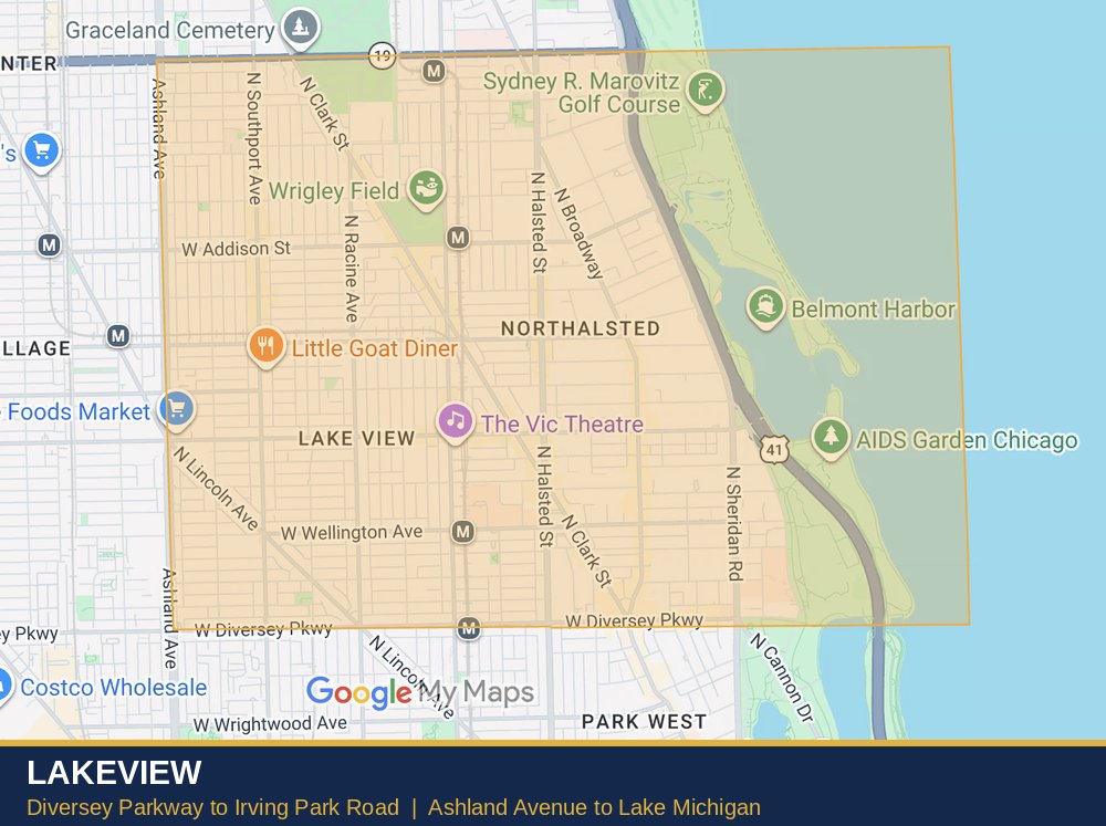 Map of Lakeview in Chicago, bounded by Diversey Parkway on the south, Irving Park Road on the north and Lake Michigan on the east