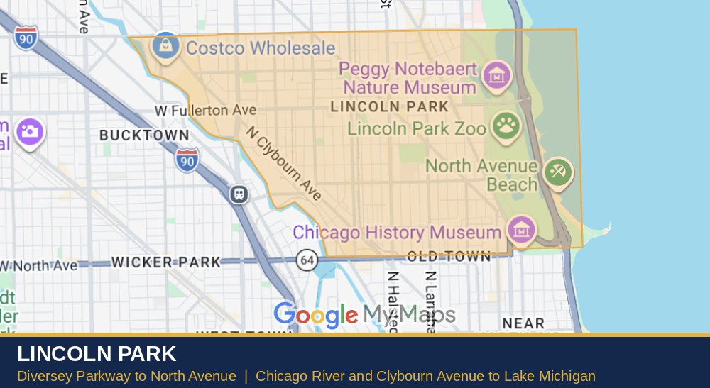 Map of Lincoln Park in Chicago, bounded by Diversey Parkway on the north, North Avenue on the south and Lake Michigan on the east