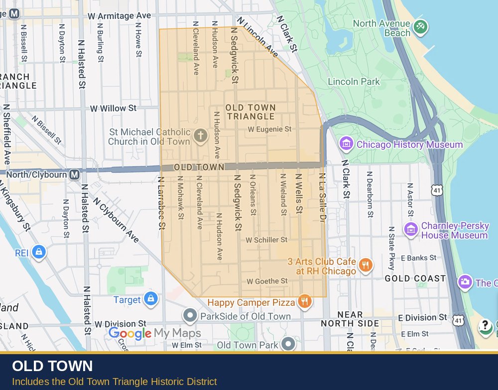Map of Old Town in Chicago, including the Old Town Triangle Historic District, bounded by Larrabee Street on the west and La Salle Drive on the east