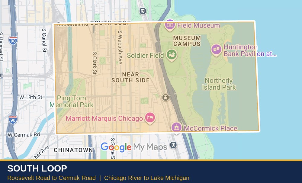 Map of the South Loop in Chicago, bounded by Roosevelt Road on the north, Cermak Road on the south and Lake Michigan on the east