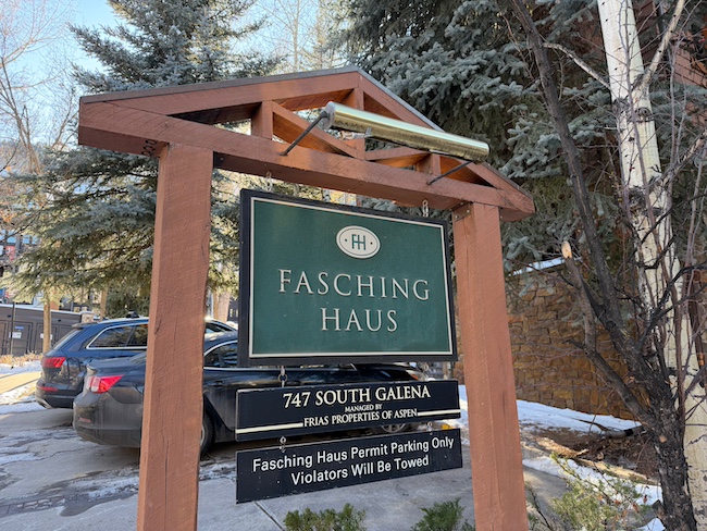 Fasching Haus Sign on South Galena Street in Aspen