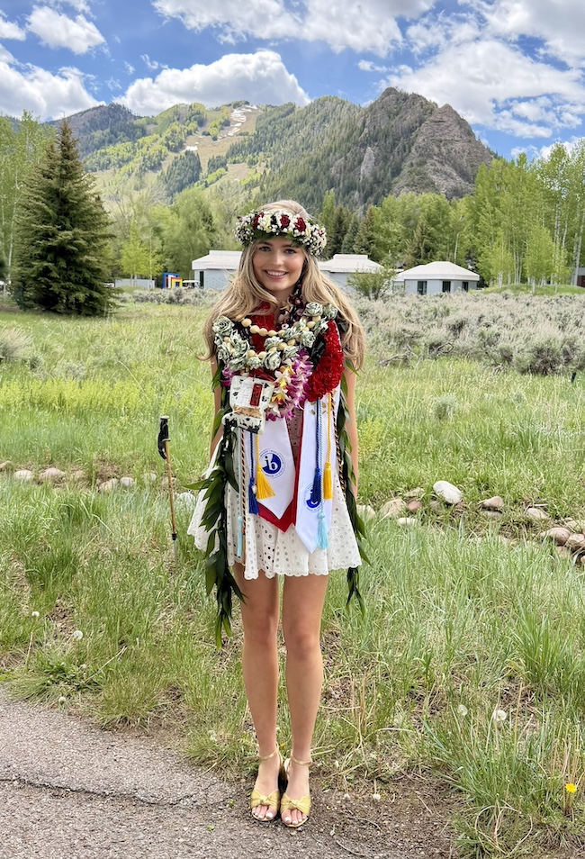 Our Aspen High School Senior Draped in Leis from Hawaii