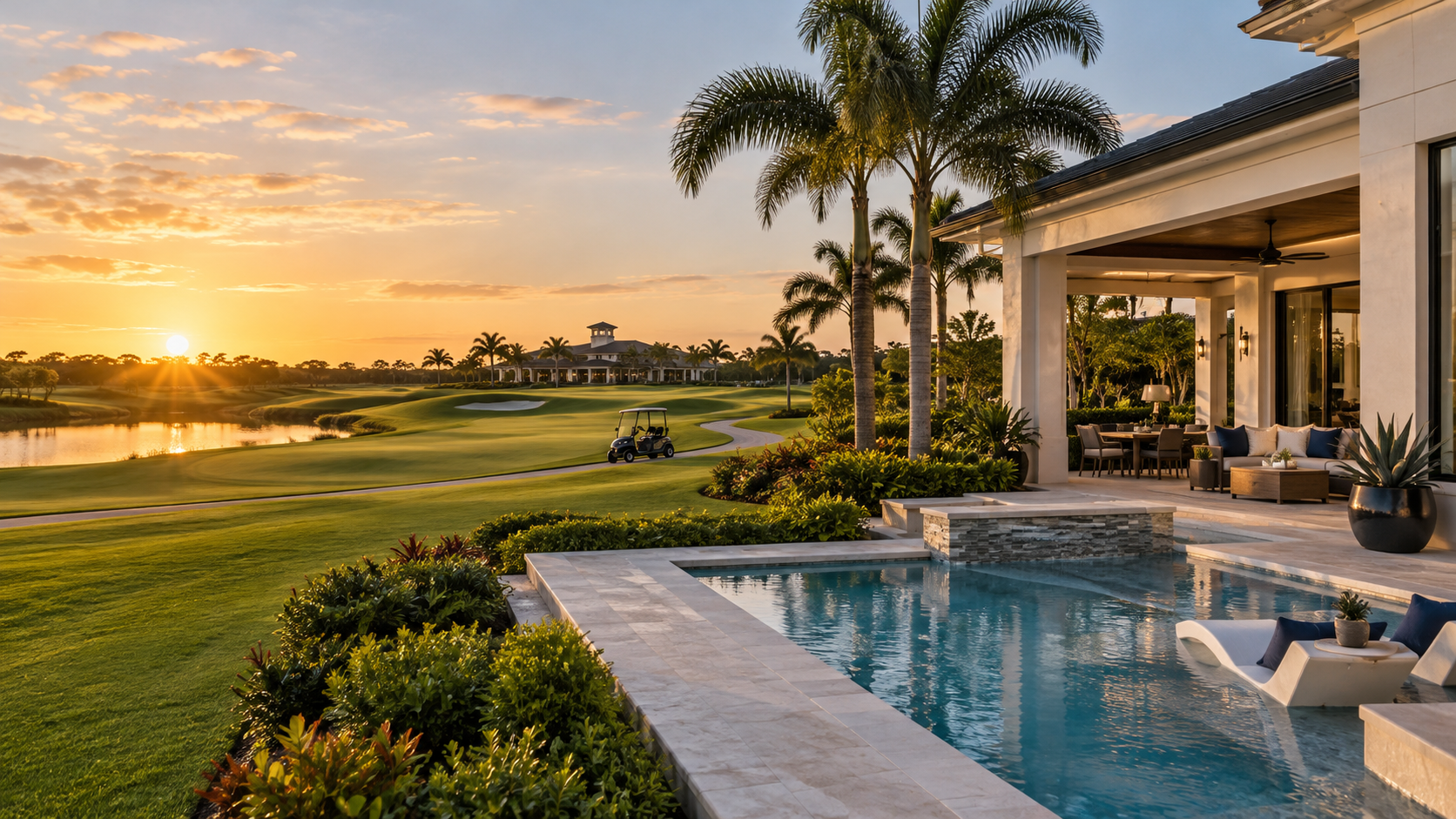 Luxury golf community home with fairway, resort pool and clubhouse at golden hour