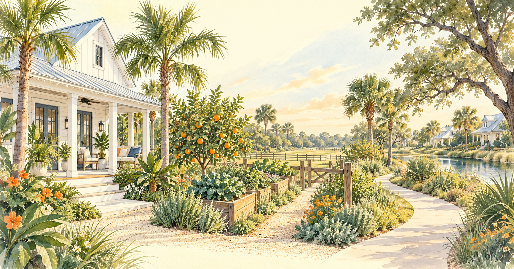 AI concept illustration of Florida porch living, gardens and walking paths