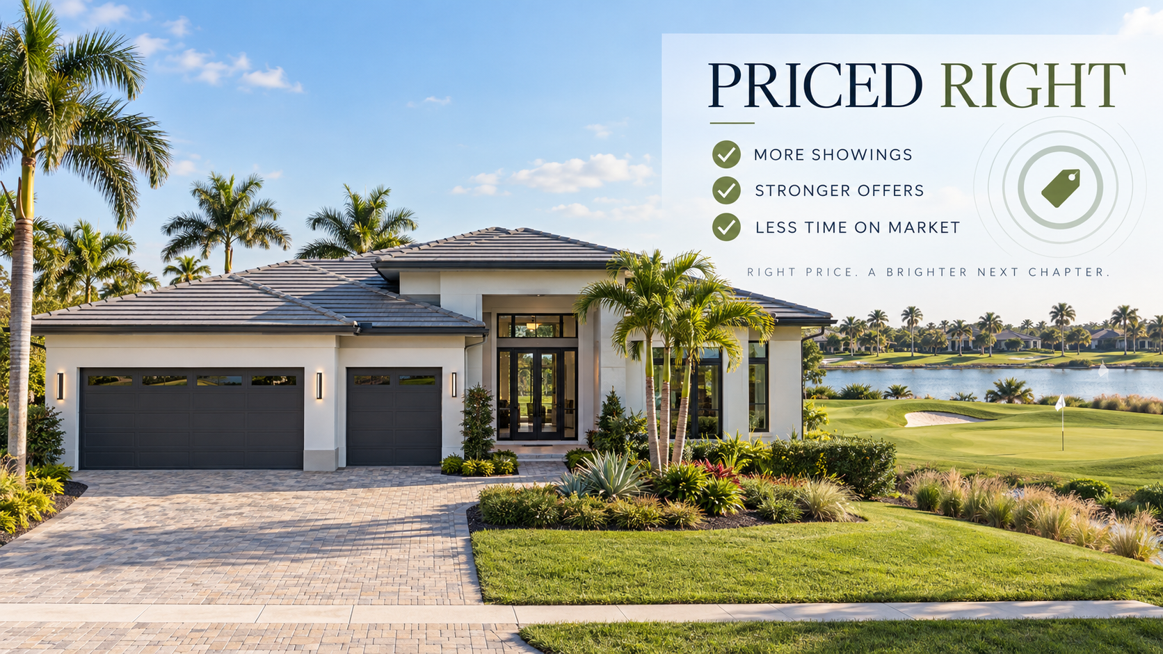 Modern PGA Village Verano-style home with concrete tile roof, golf course view and priced-right cues