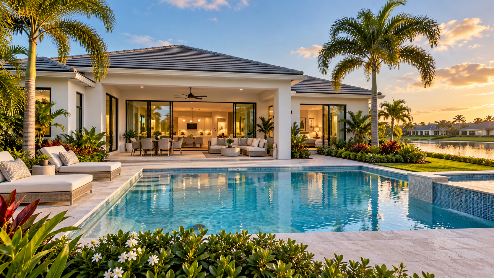 Illustrative Florida luxury home with a covered lanai, pool, tropical landscaping and lake view