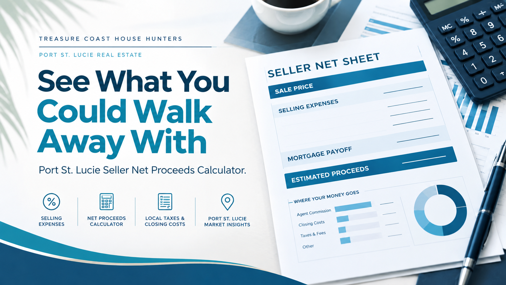 Port St. Lucie home selling costs and net proceeds calculator, with an illustrative closing statement