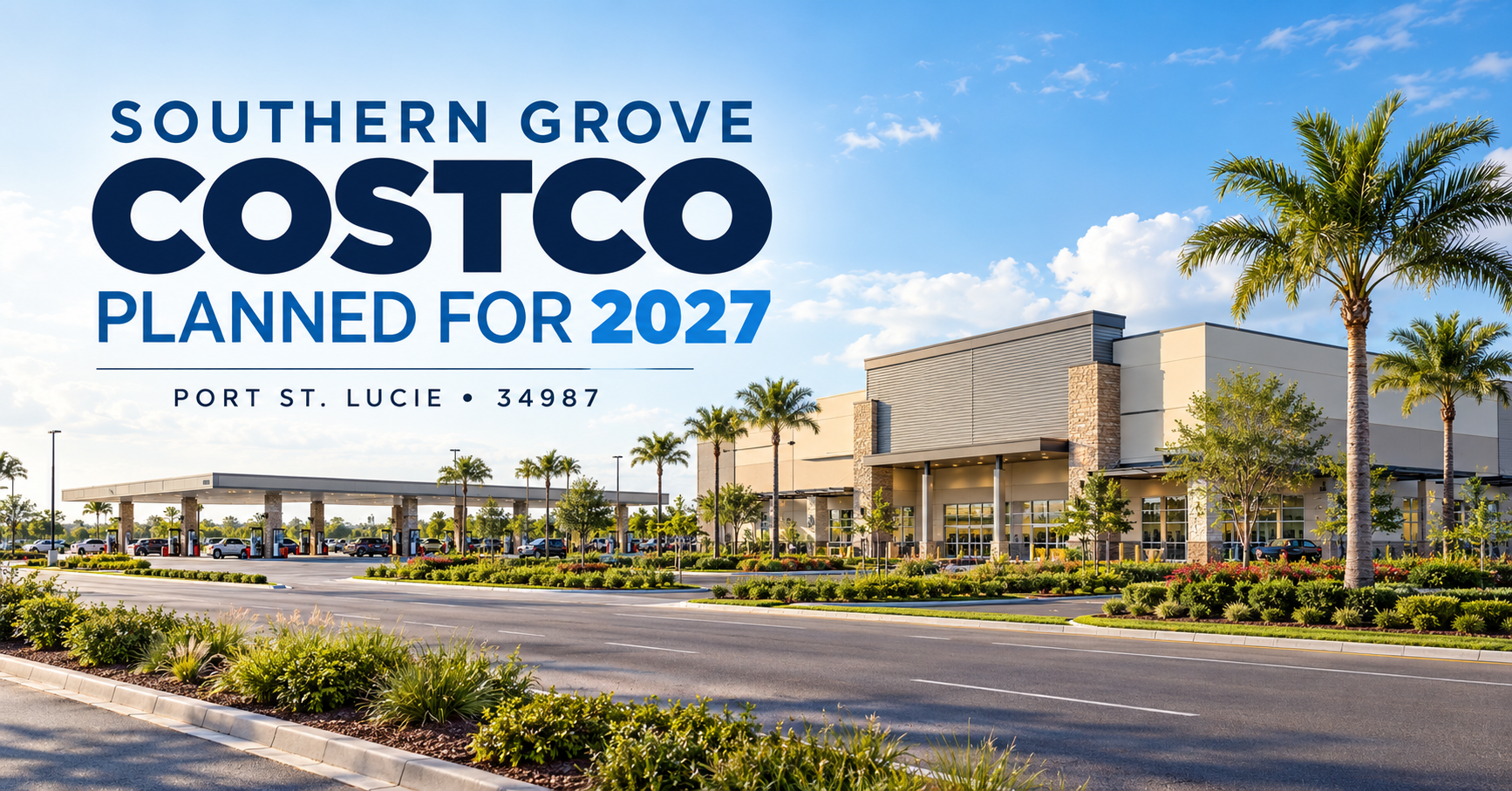 Concept graphic for the planned Southern Grove Costco near Port St. Lucie ZIP code 34987, targeted for 2027