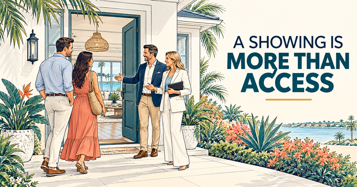 Line drawing of Ann and Jamie presenting a coastal Florida home to buyers with the words A Showing Is More Than Access