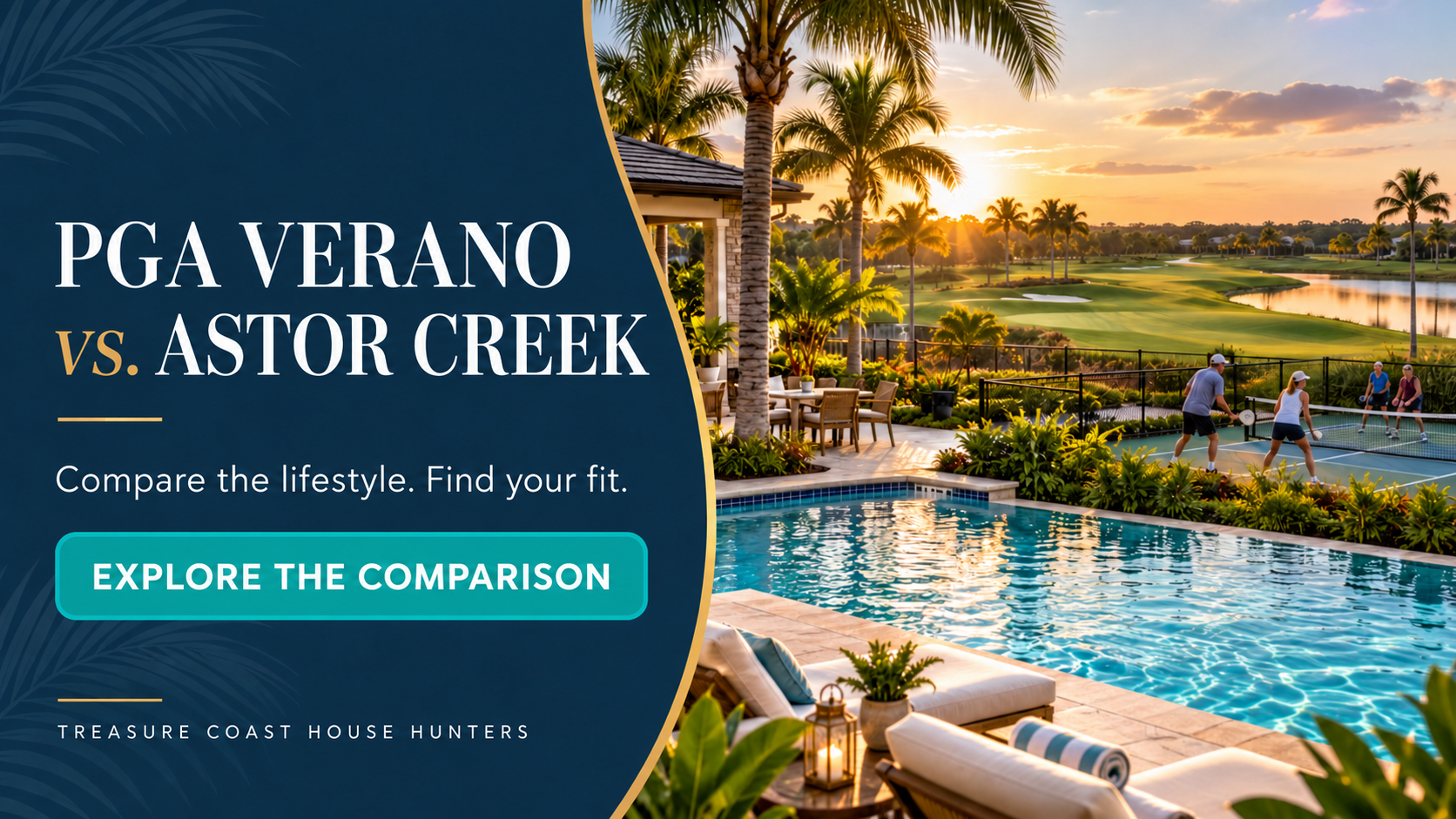 PGA Verano versus Astor Creek lifestyle comparison with an illustrative pool, pickleball courts and golf fairway