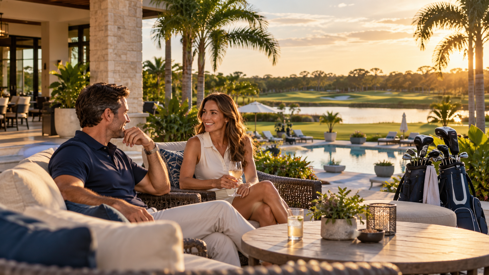 Illustrative Florida clubhouse terrace overlooking a pool and golf fairway