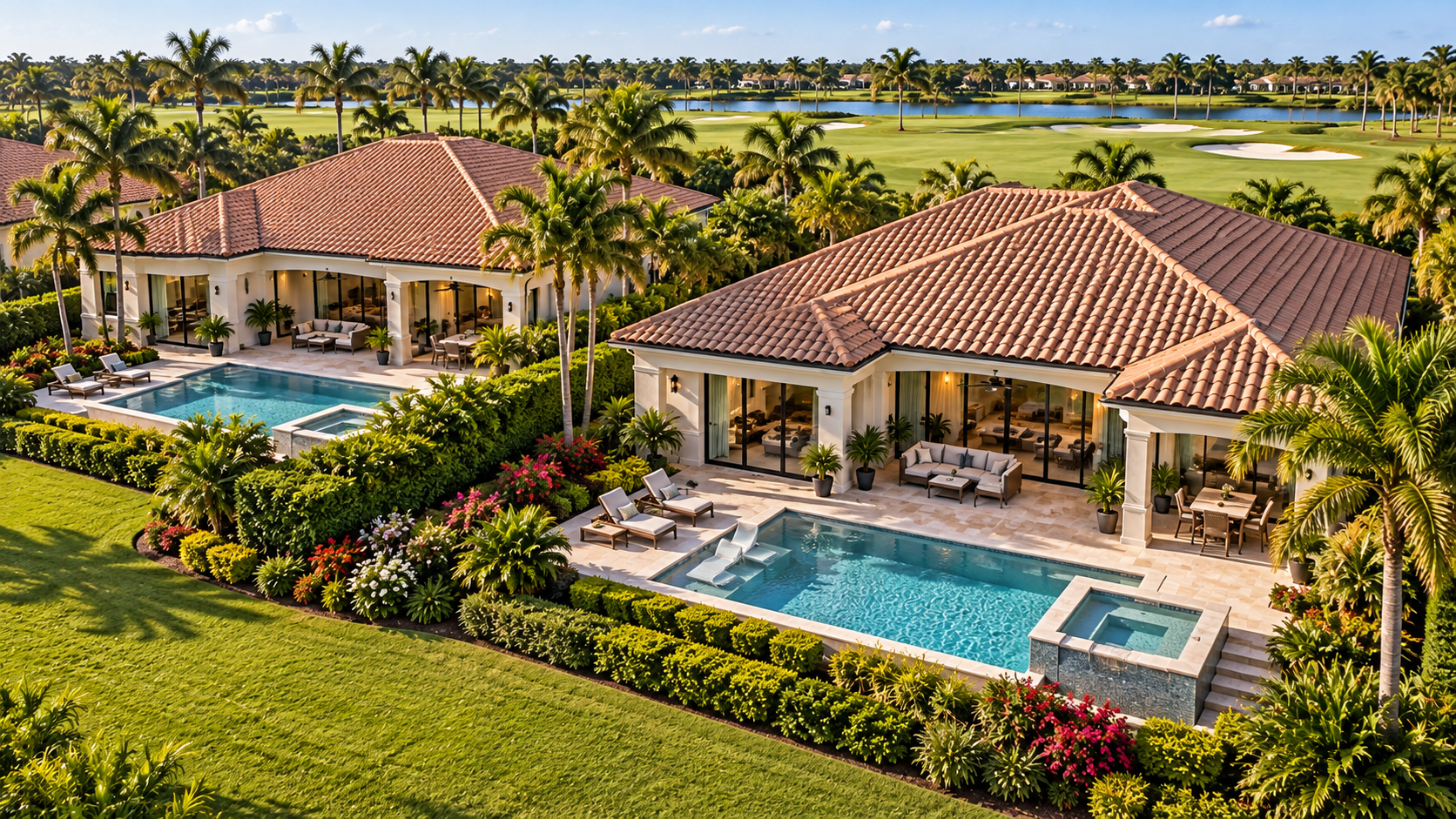 Illustration of Florida homes with backyard pools, golf course views and a narrow lake in the distance