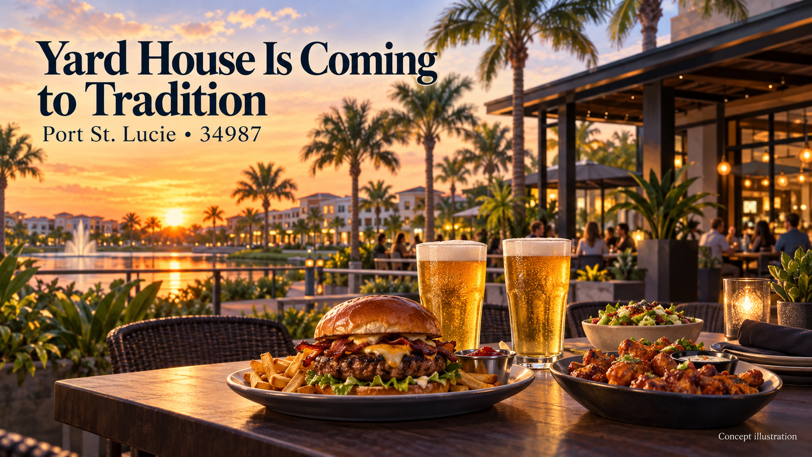 Concept illustration for Yard House coming to Tradition in Port St. Lucie, with a Florida sunset dining scene