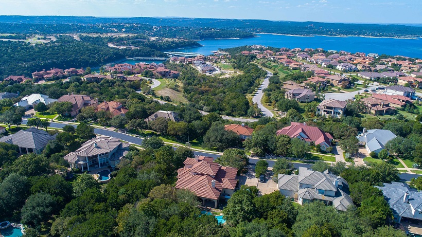 Aerial view of the Lake Travis area showing Lakeway and Bee Cave neighborhoods in the Texas Hill Country
