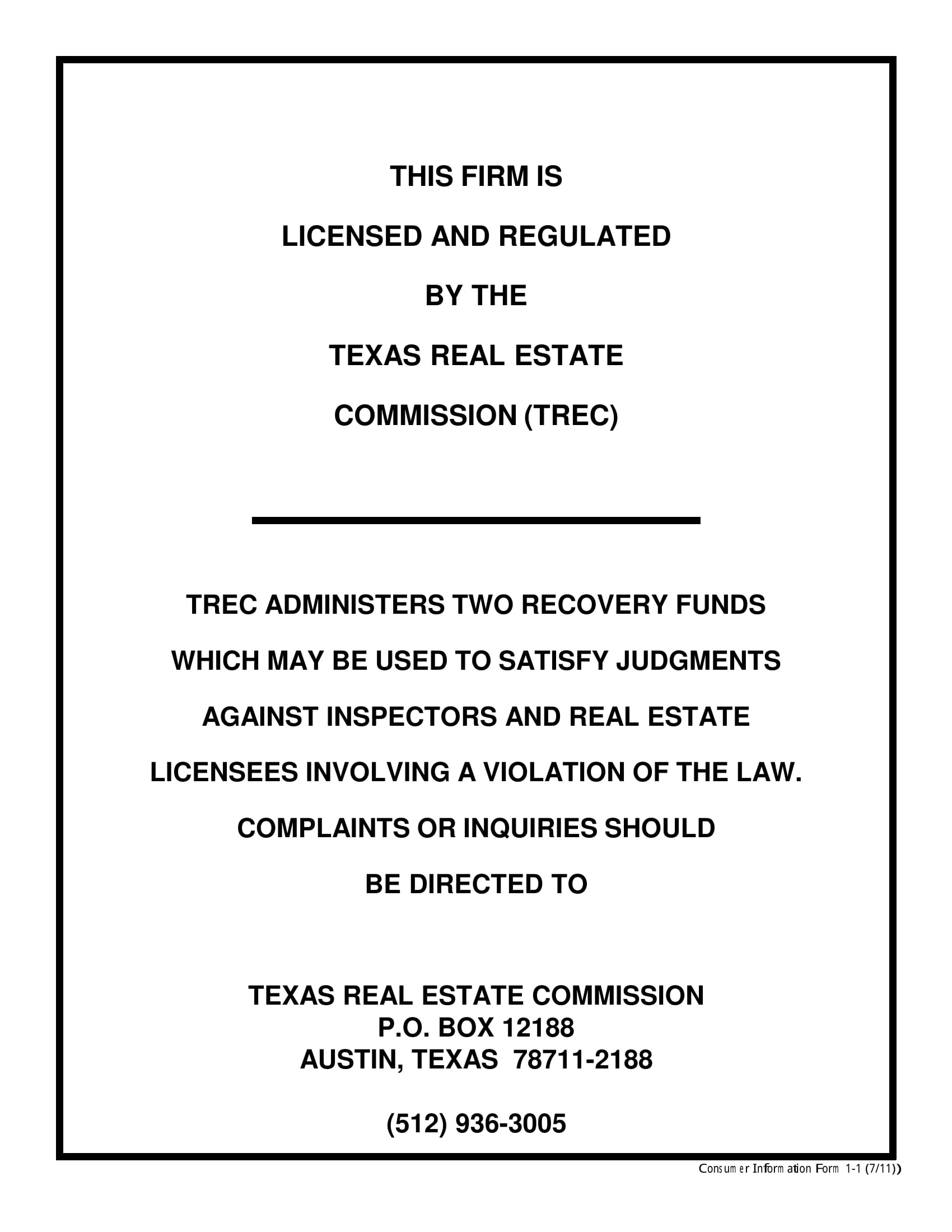 Texas Real Estate Commission Consumer Protection Notice
