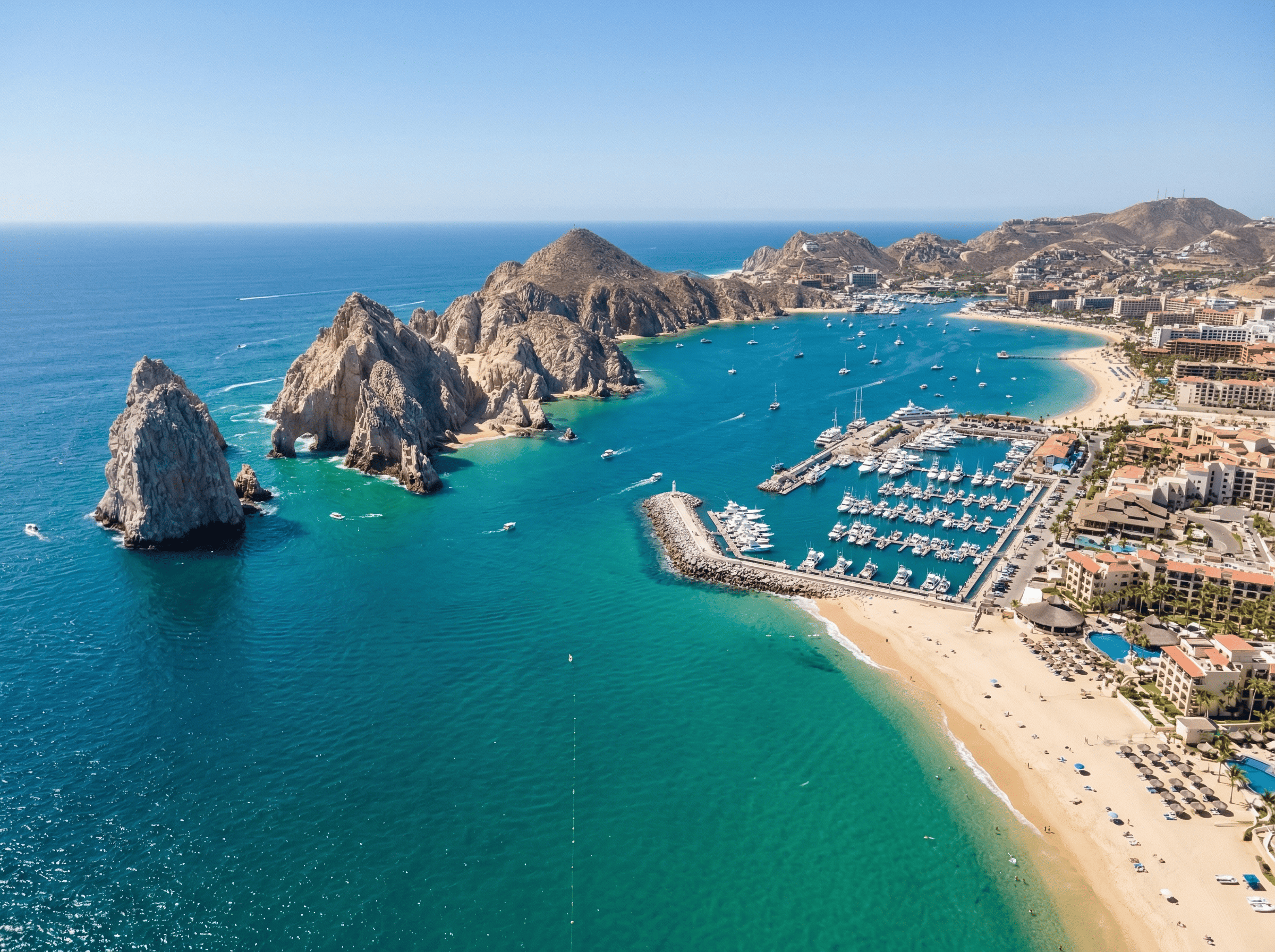 aerial view of Cabo San Lucas beachfront coastline with marina and El Arco rock formation