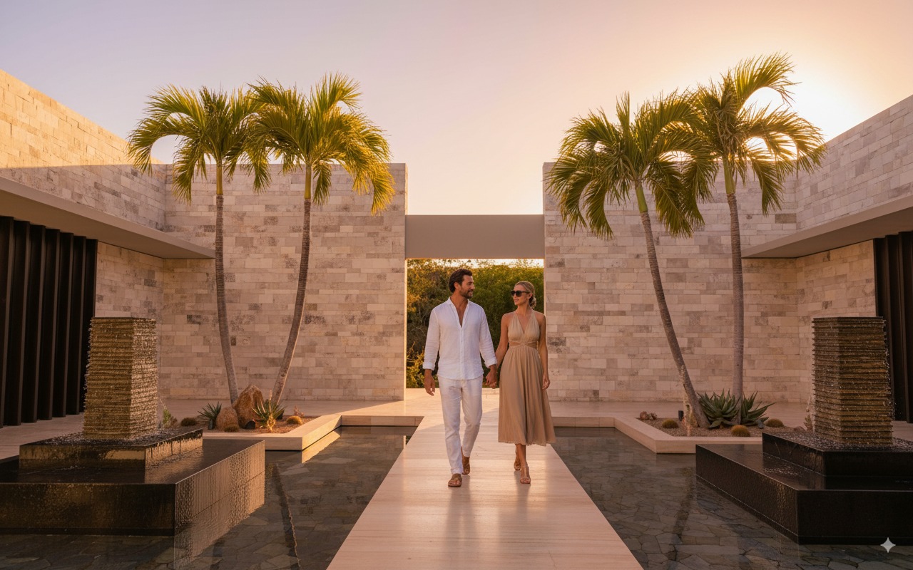 couple walking through the entrance at montage residences los cabos