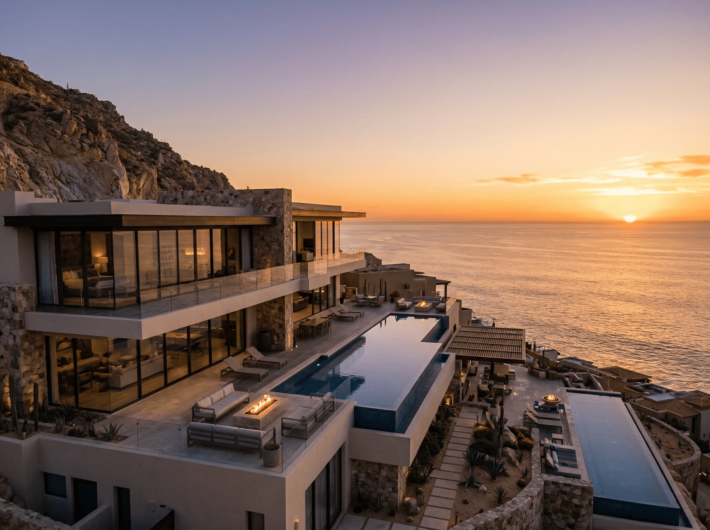 gated luxury villa in Pedregal Cabo San Lucas with Pacific Ocean sunset view]
