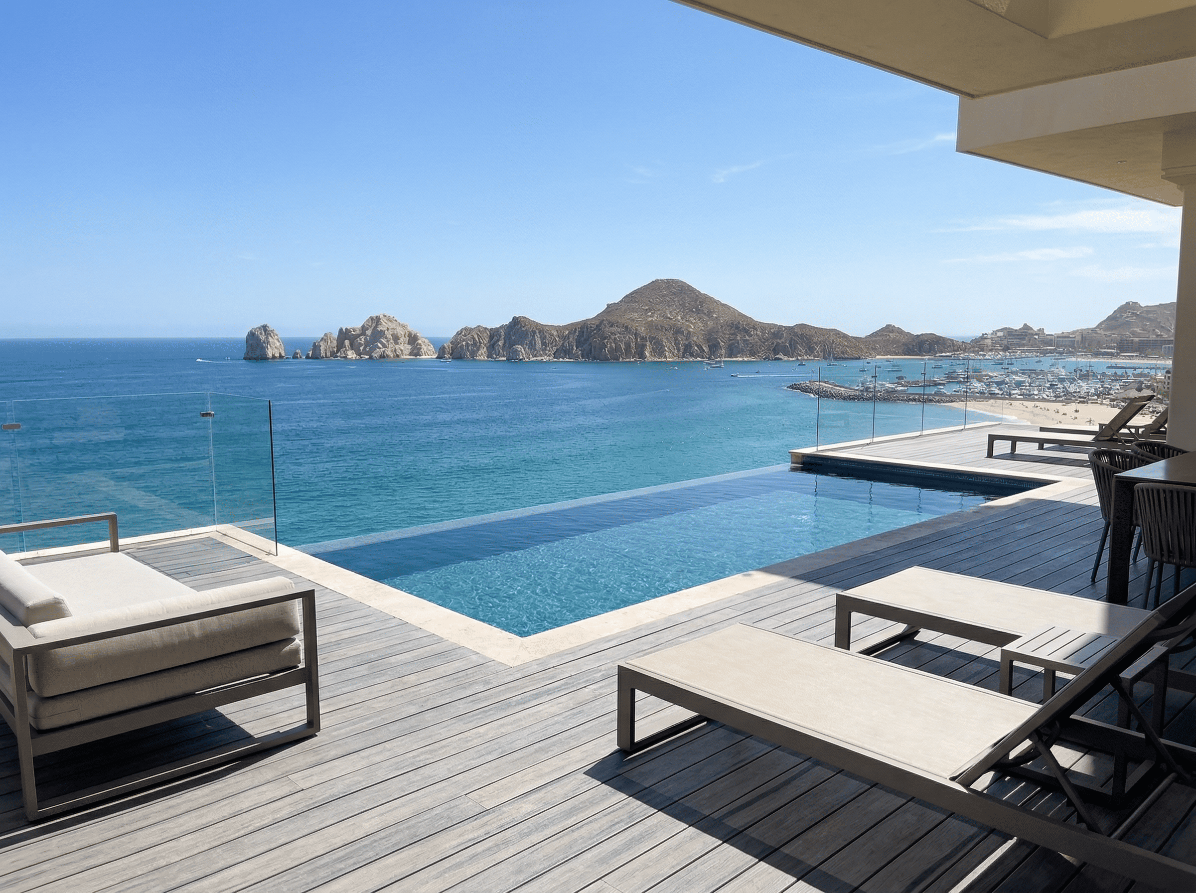 luxury beachfront condo terrace with ocean view in Cabo San Lucas Mexico