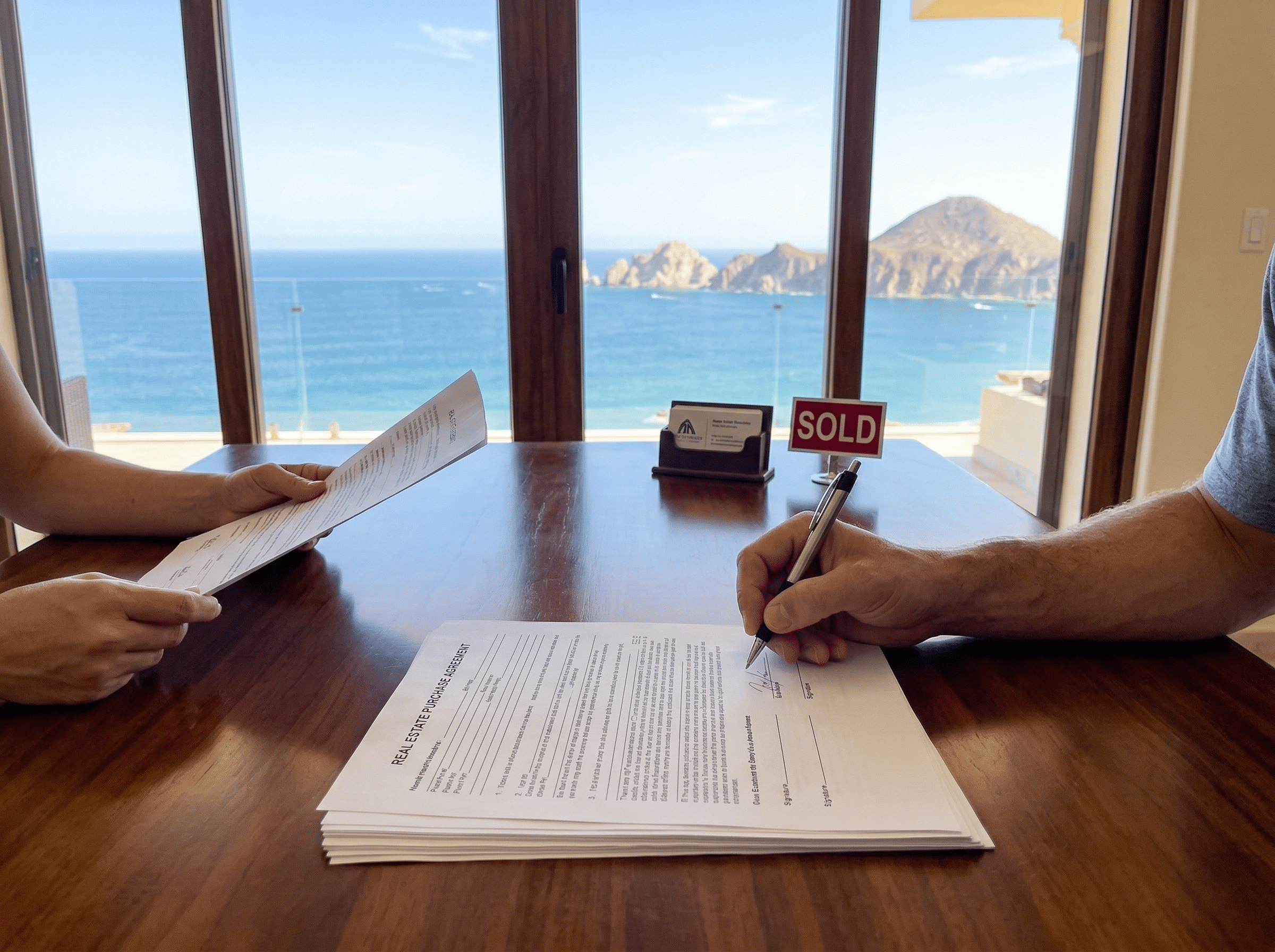 real estate closing paperwork being signed for beachfront property purchase in Mexico