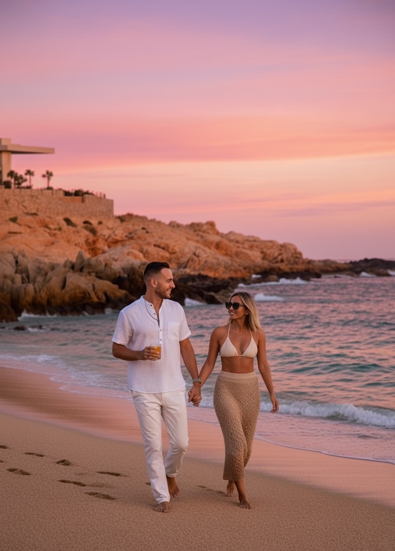 man and woman walking along the beach in chileno bay cabo
