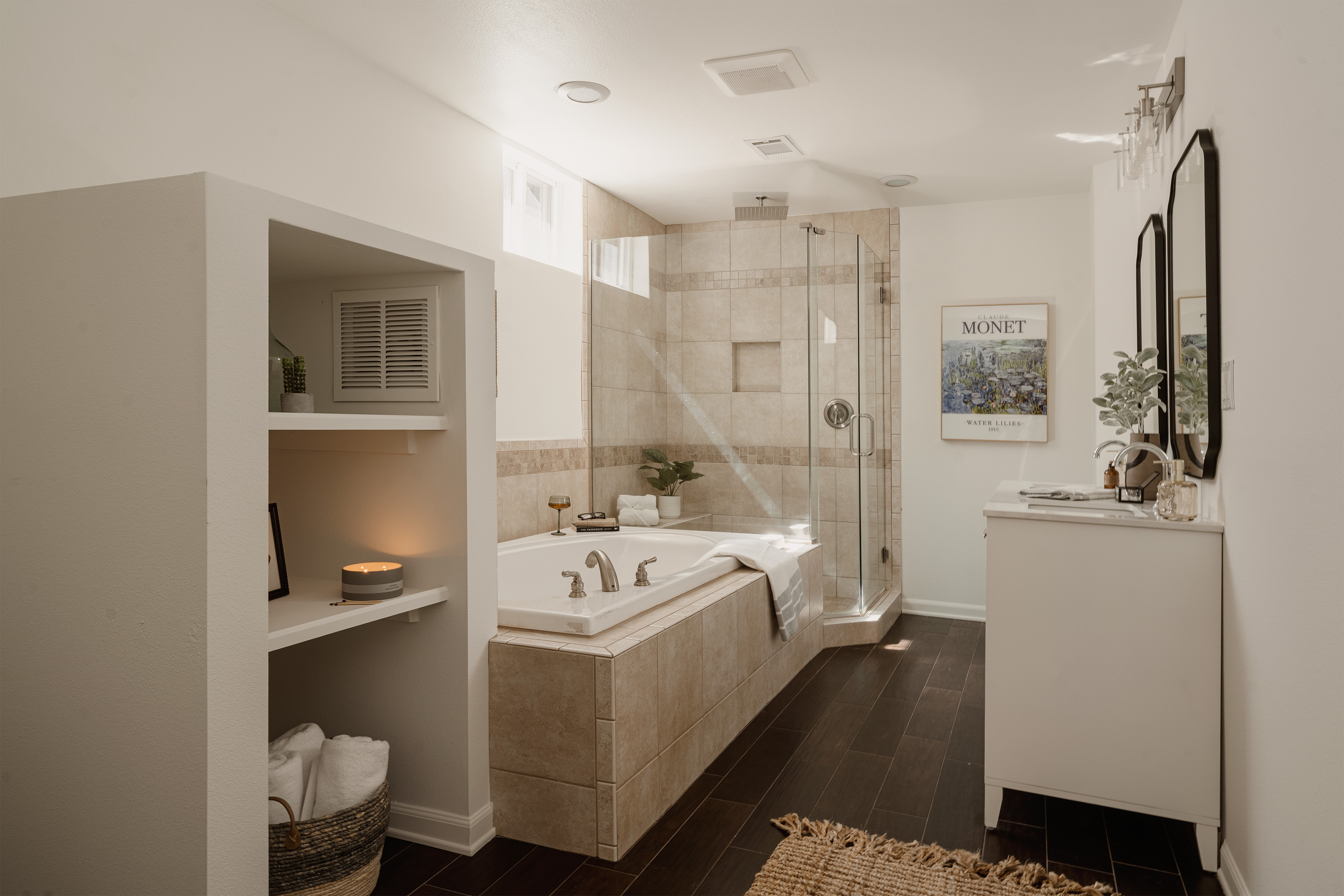 Primary bathroom with a soaking tub and separate shower