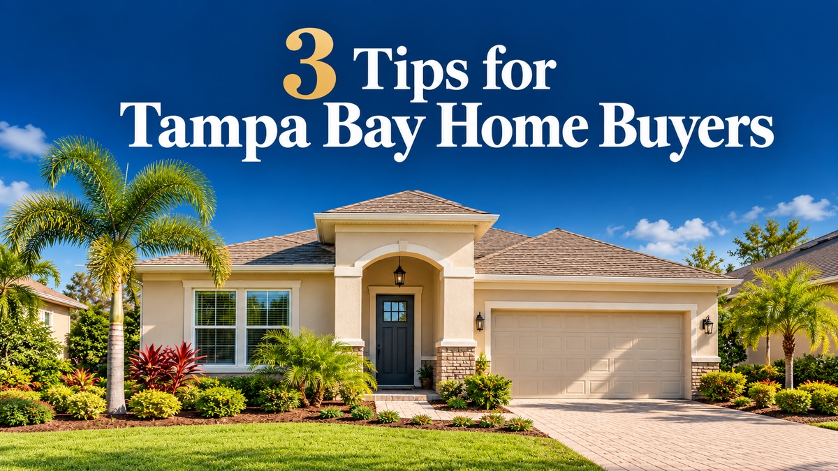a typical suburban tampa home with the words 3 tips for tampa bay home buyers over it in the sky
