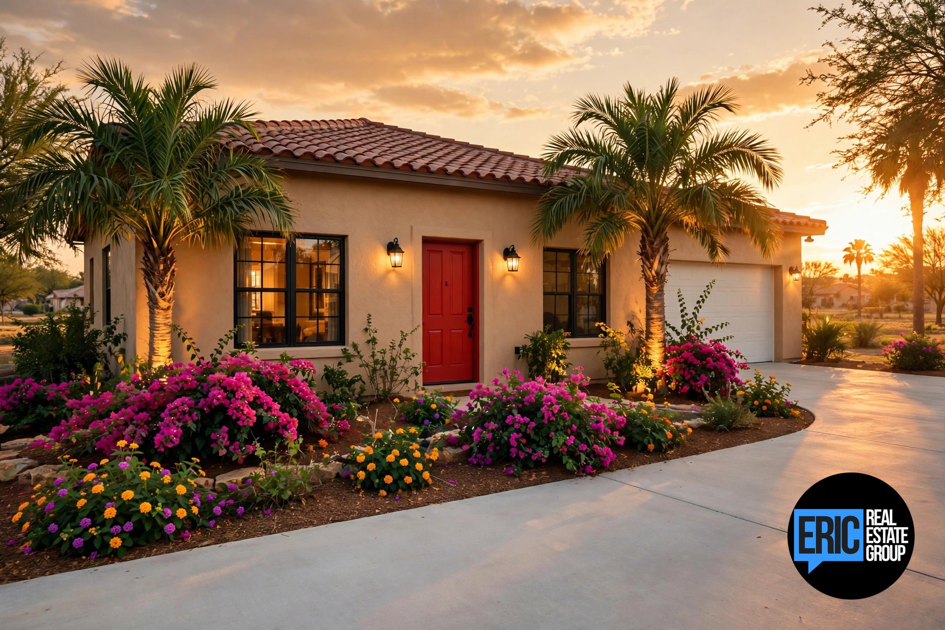 Stucco home at golden hour with red front door and colorful landscaping in McAllen Texas