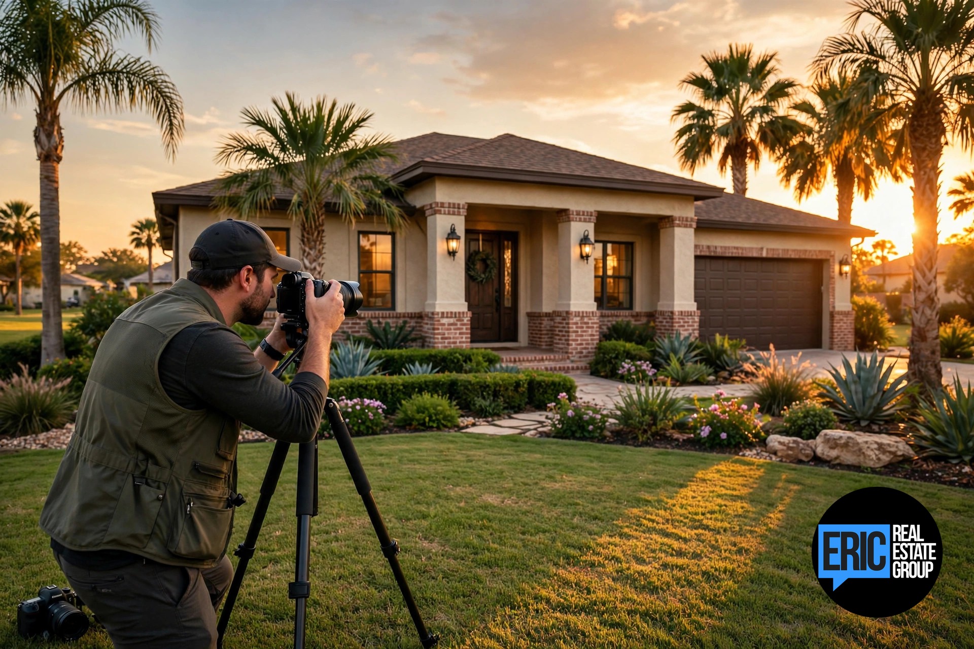 Professional photographer shooting a Rio Grande Valley home at sunset