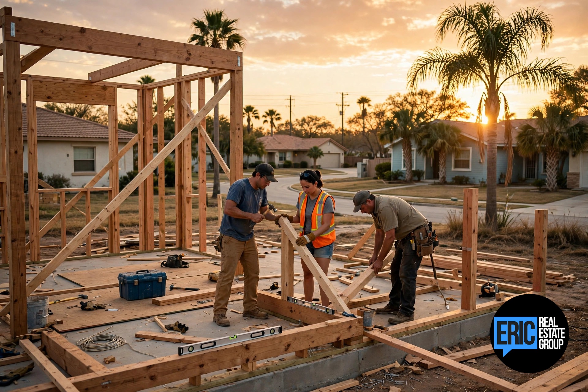 Construction crew framing a new home at sunset in the Rio Grande Valley