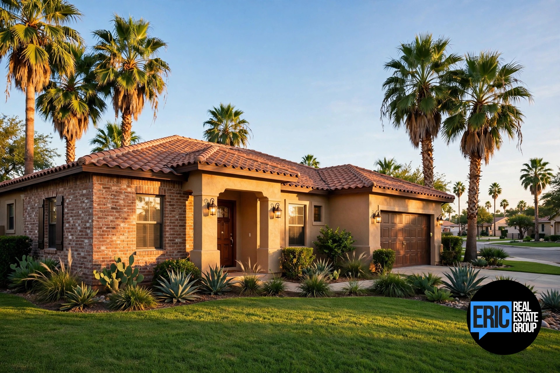 Brick and stucco south Texas home with palm trees