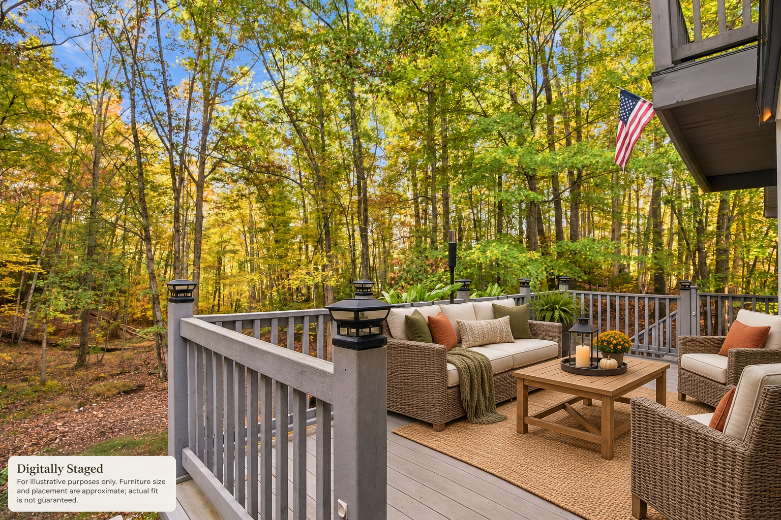 Digitally staged main-level deck overlooking the wooded property at 271 Quail Hollow Road