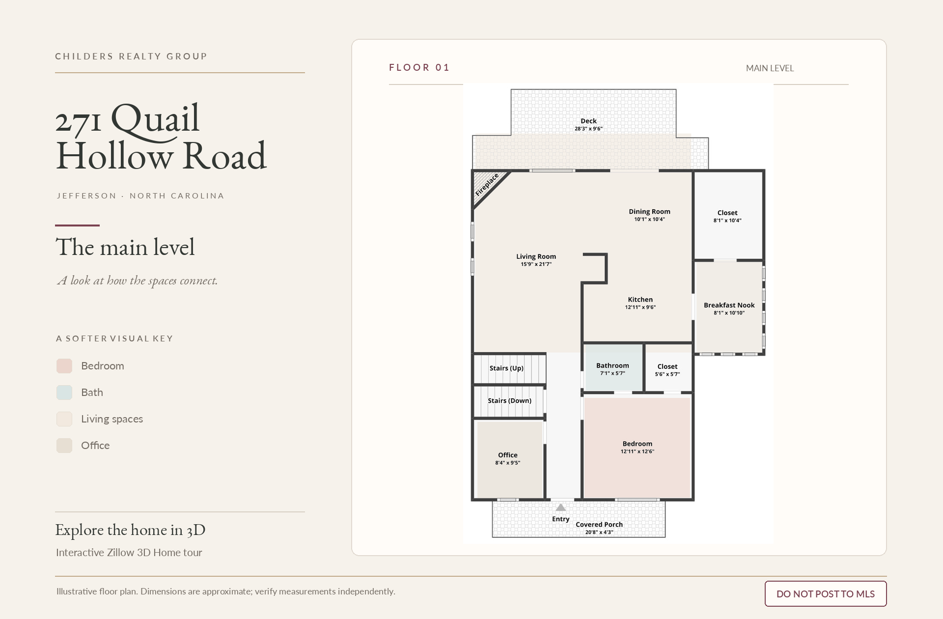 Illustrative branded main-level floor plan of 271 Quail Hollow Road with room layout, stairs, sunroom and deck